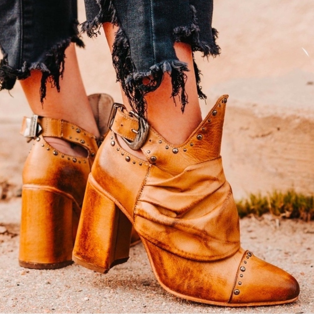 Freebird Tan Ankle Boots with Distressed Leather and Studded Details